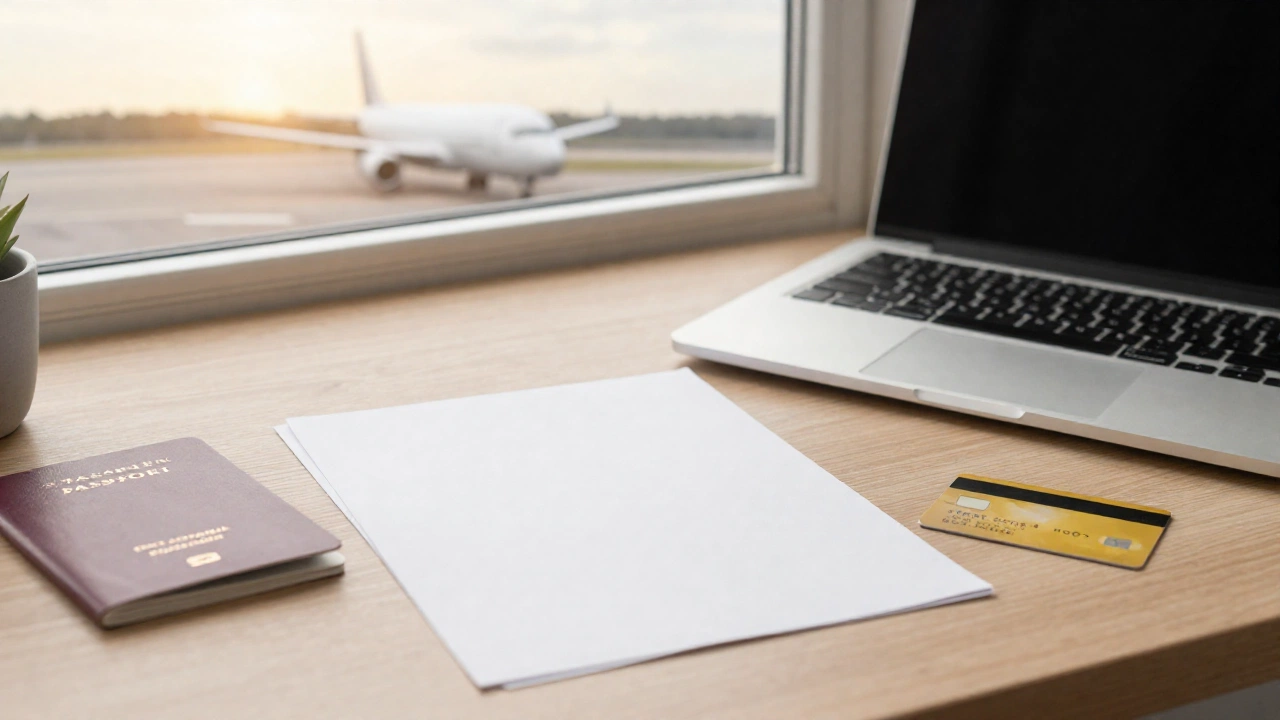 A calm and organized travel-themed workspace with items like a laptop, passport, travel itinerary sheets (blank), a credit card, and personal items on a table next to a window showing an airplane on the runway during golden hour, evoking preparation and travel planning mood.