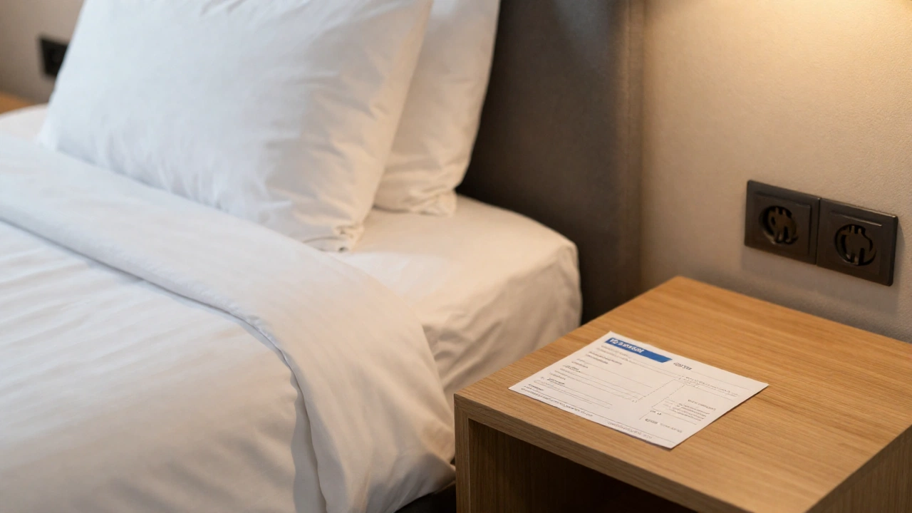 An affordable, cozy hotel room with a neatly made bed and a flight reservation confirmation on a bedside table, softly lit to create a welcoming and budget-friendly travel vibe.