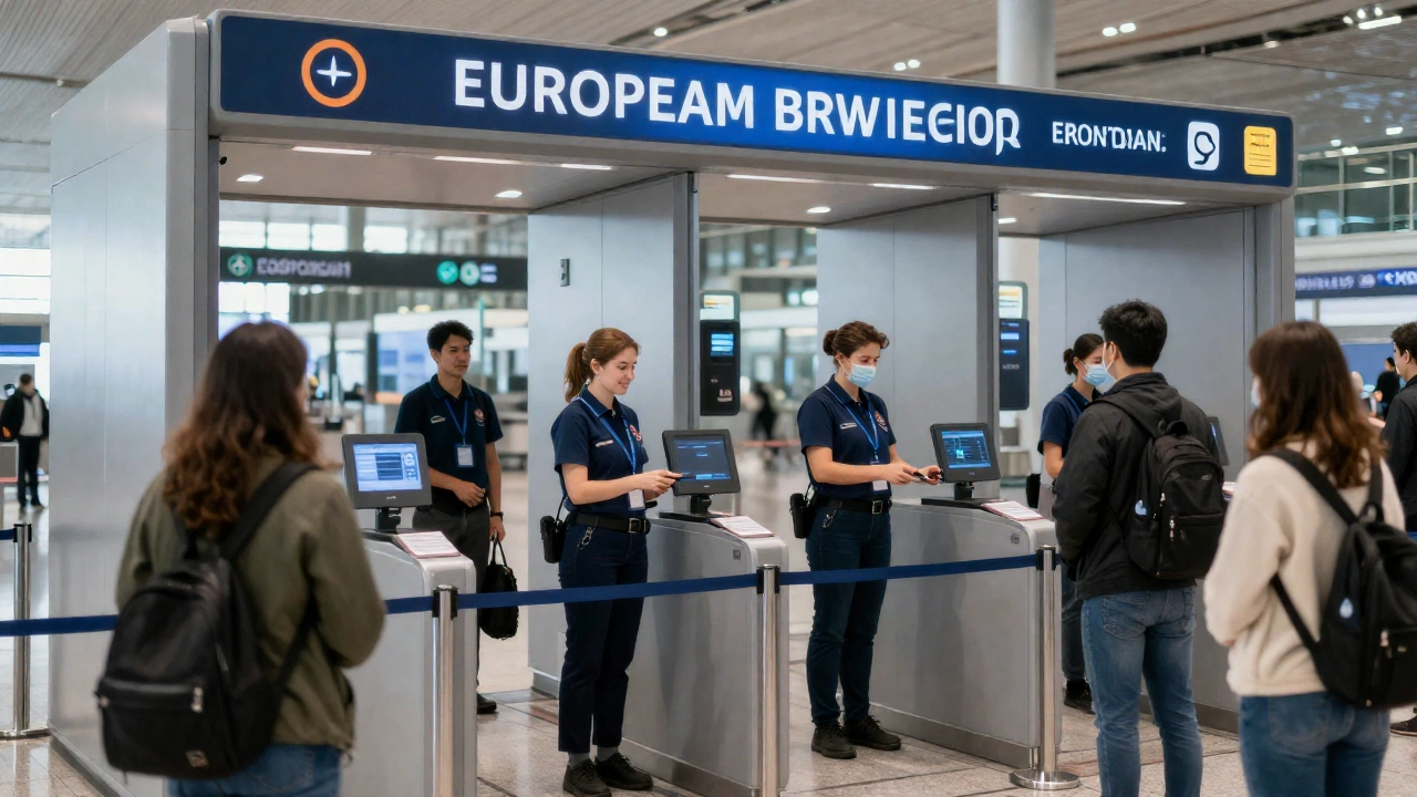 A futuristic, digital security checkpoint at a European airport border, showing friendly border officers and advanced technology scanning passports, with travelers calmly queuing and a sense of security and efficiency in the atmosphere.