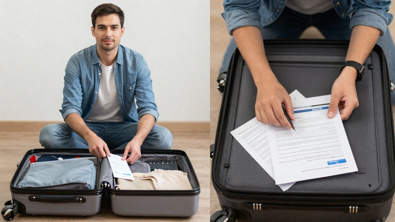 Split scene showing travelers packing and preparing documents for short and long stays
