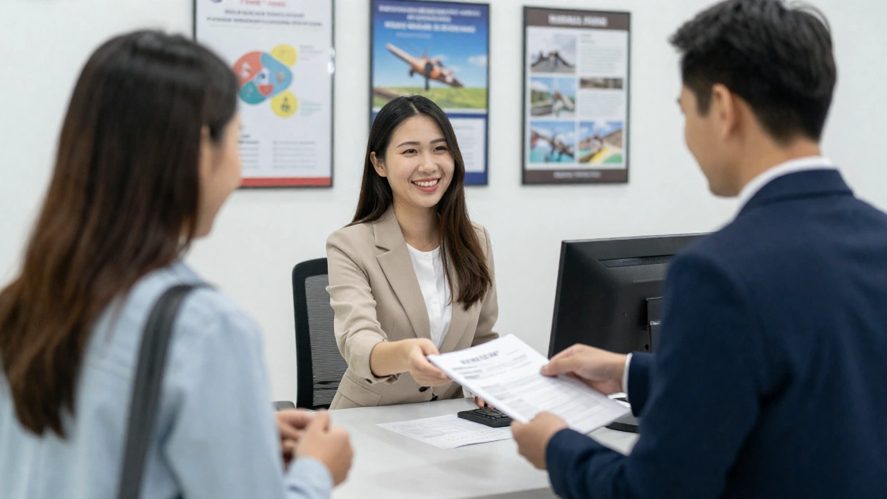 Travelers interacting with immigration staff at a visa extension office