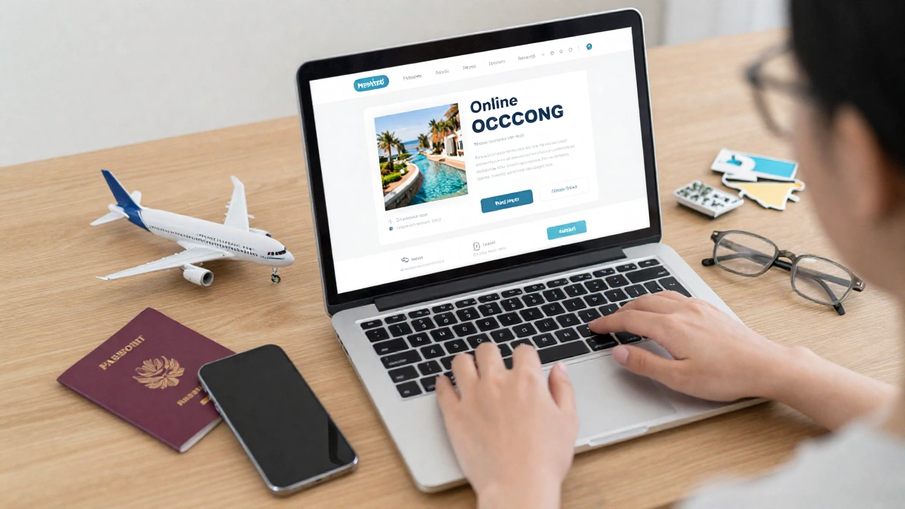 Traveler planning trip online with travel essentials and laptop