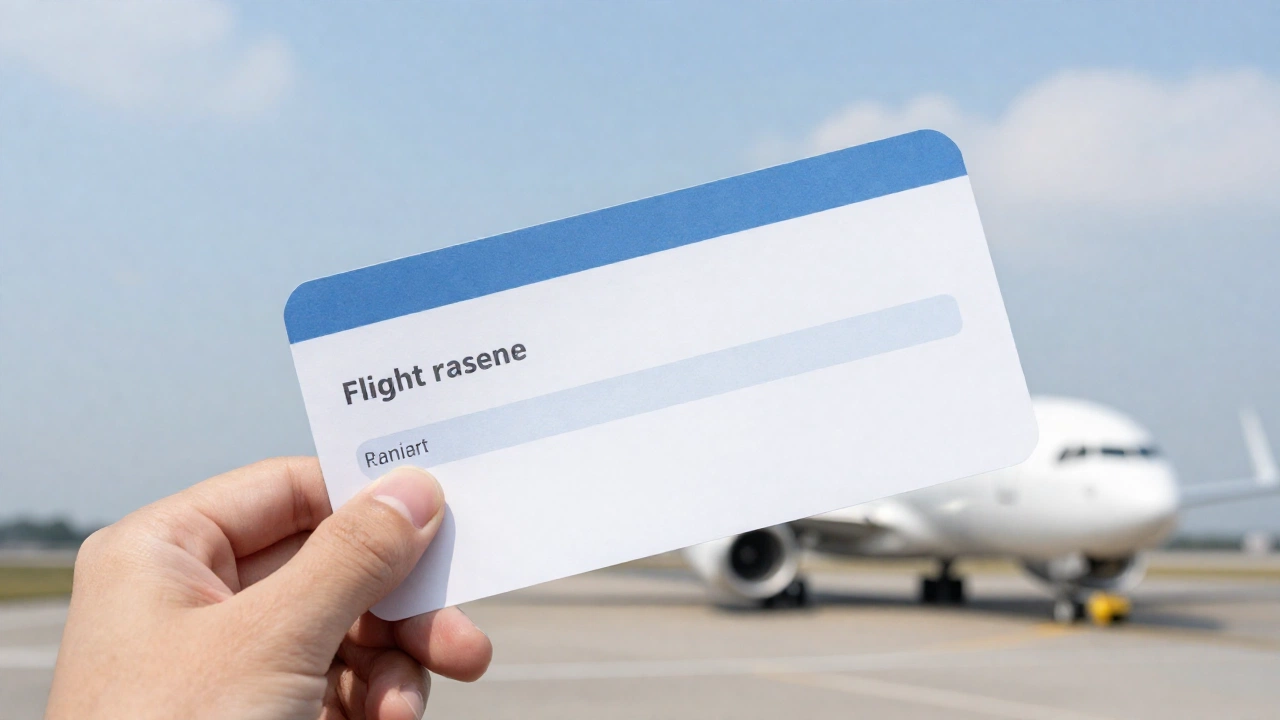 A close-up scene of a hand holding a flight reservation document with an airplane taxiing on the runway in the background