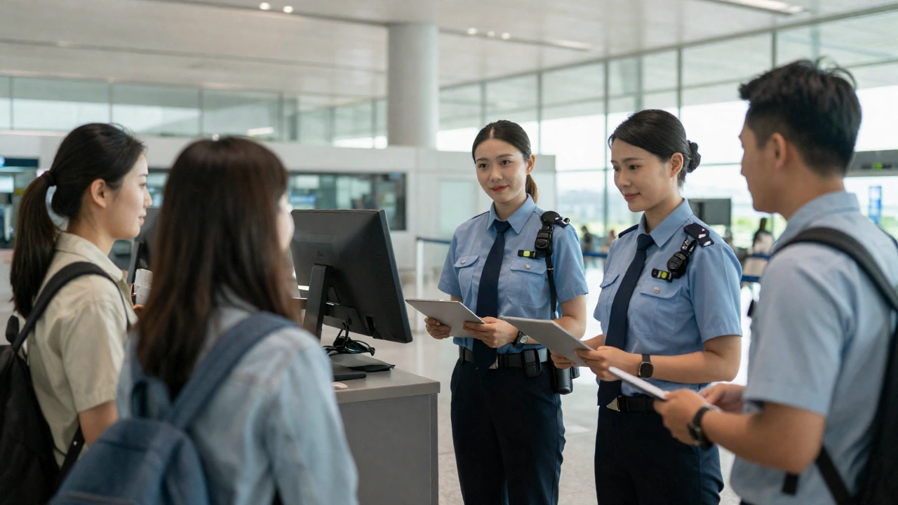 An airport border control area with officers interacting with travelers who appear prepared and organized