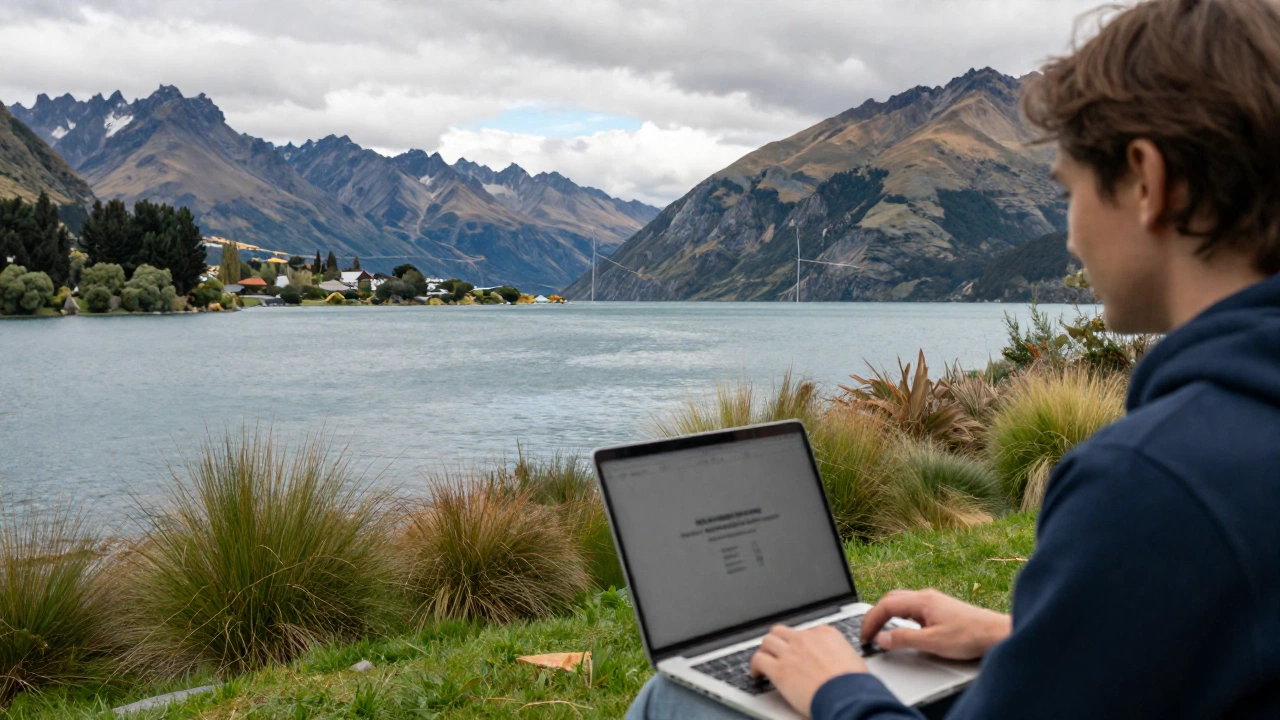 scenic lakeside view in New Zealand with a person working on a laptop outdoors surrounded by mountains and lush greenery, showcasing the unique exception for remote work on a visitor visa