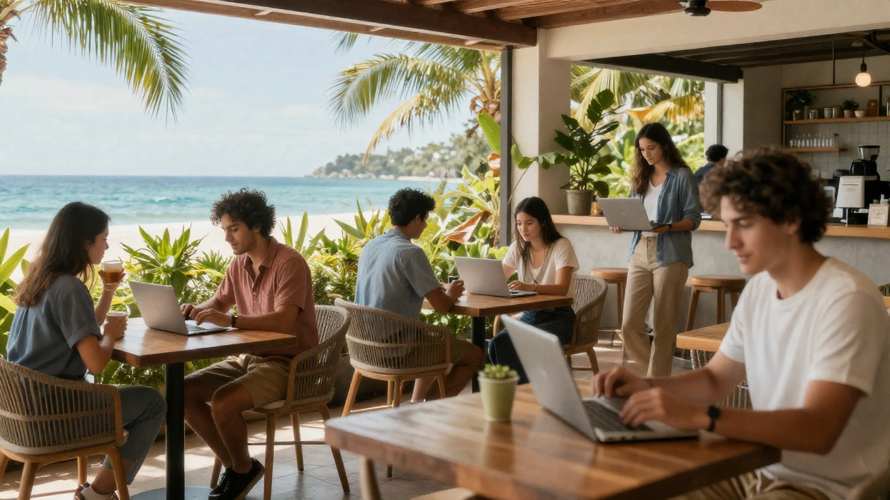 a diverse group of digital nomads working in a vibrant co-working space or outdoor café in an exotic location, illustrating the concept of digital nomad and remote work visas around the world