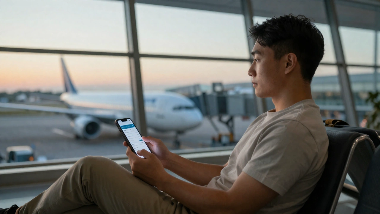traveler sitting in airport lounge holding phone showing flight reservation confirmation