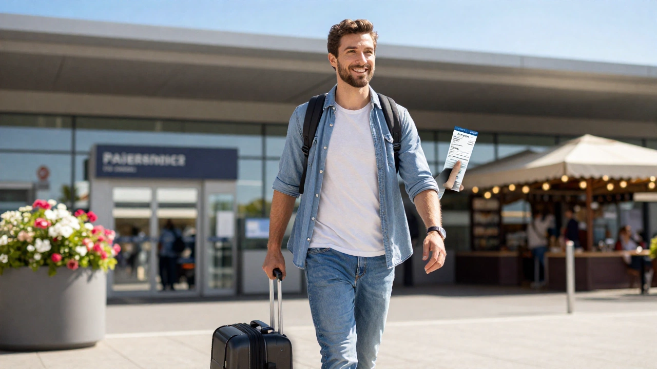 traveler at a sunlit French border or airport arrival area