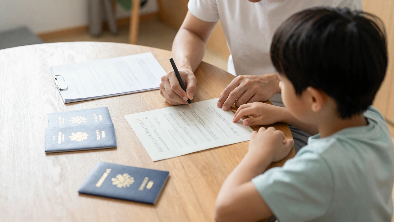 parent and child at table gathering travel documents in cozy home light