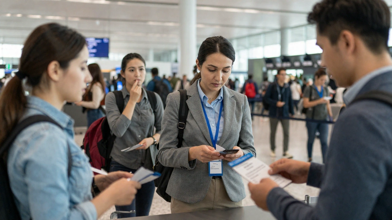 airport check-in area with airline staff verifying boarding passes and tickets