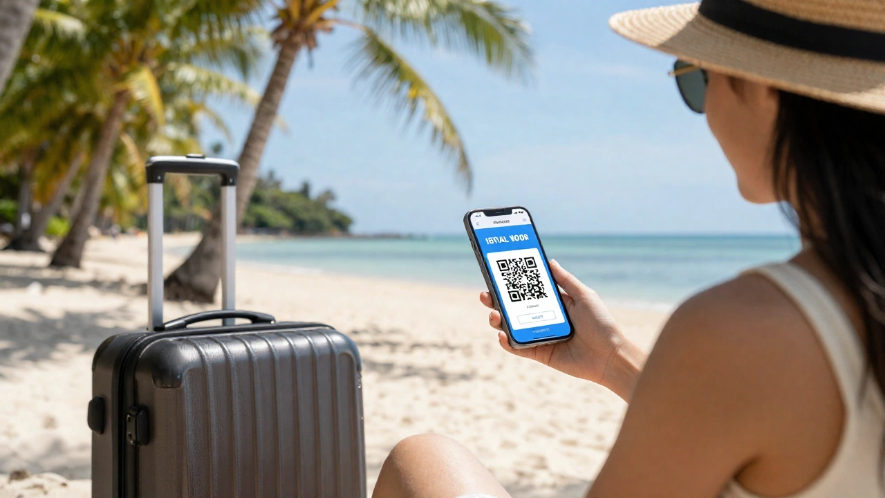 tropical Philippine beach with traveler holding smartphone displaying QR code