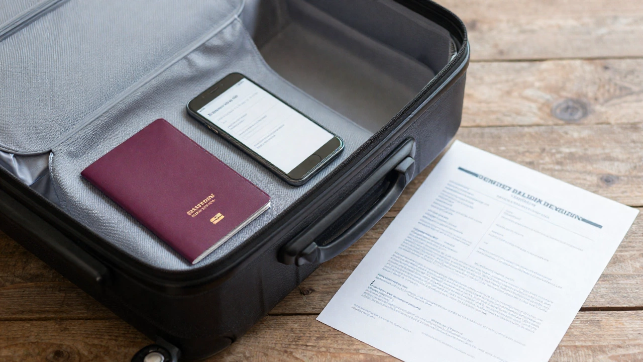 A close-up scene of a suitcase packed and ready, with travel essentials like a passport holder and a flexible airline ticket confirmation on a smartphone screen