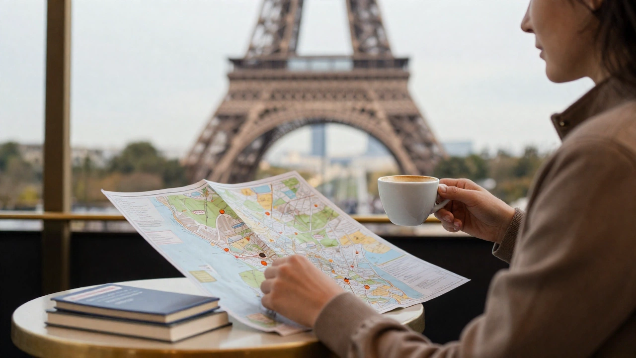 A cozy travel-themed setting with a traveler relaxing in a Parisian café, sipping coffee and planning their journey