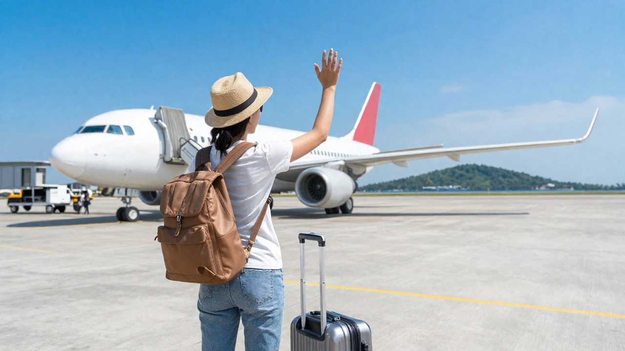 A lively Southeast Asian travel scene showing a traveler at an airport or seaport with a suitcase, waving goodbye as they board a plane or boat to a tropical island or another country, symbolizing onward or return travel plans.