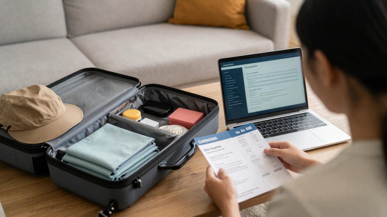 A cozy travel preparation scene with a traveler packing essentials and booking tickets on a laptop in a comfortable home setting, infused with warm lighting that conveys readiness and optimism for an upcoming Malaysian adventure.