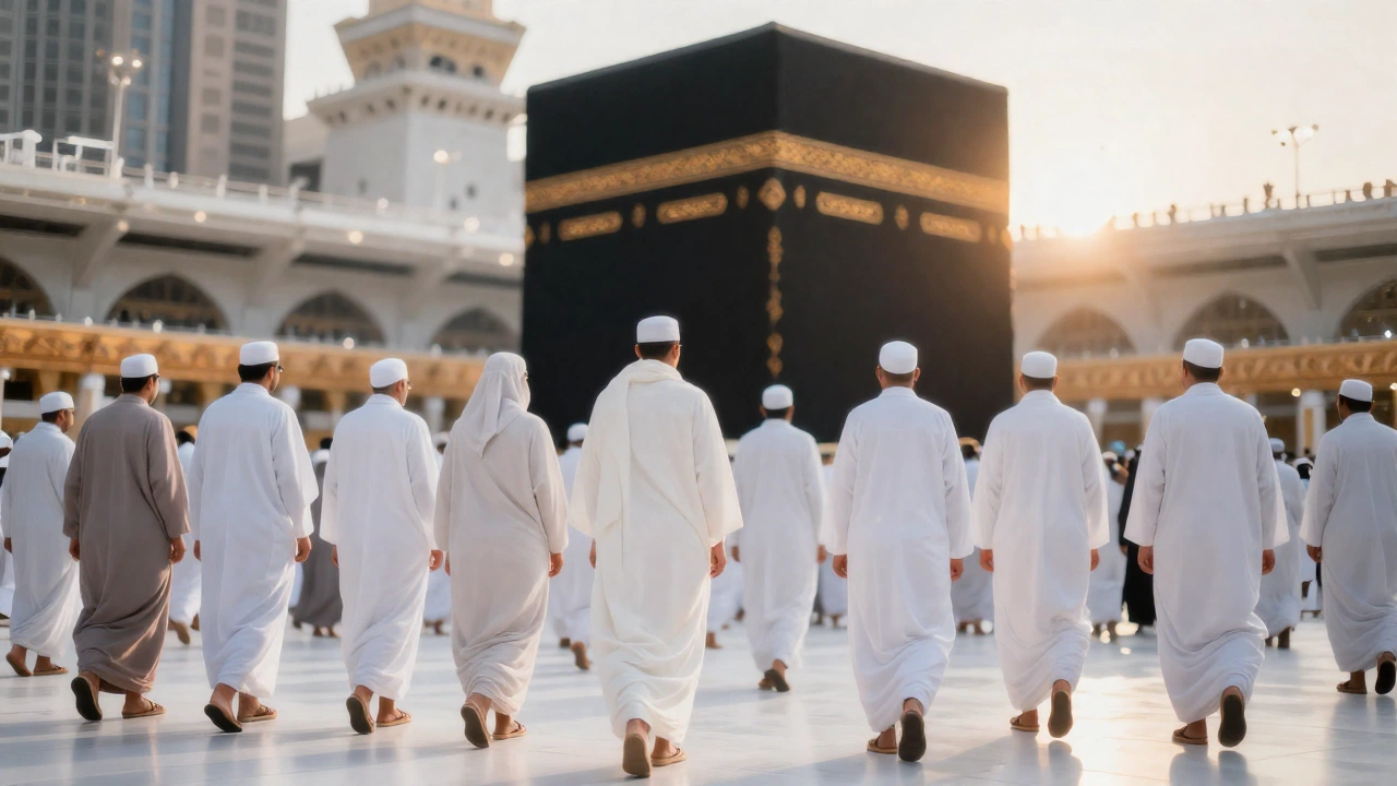 Umrah pilgrims walking peacefully towards the Kaaba within the Masjid al-Haram in Mecca