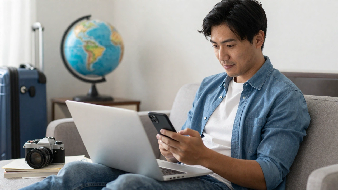 Traveler browsing a website to book refundable or flexible flight tickets and hotel reservations