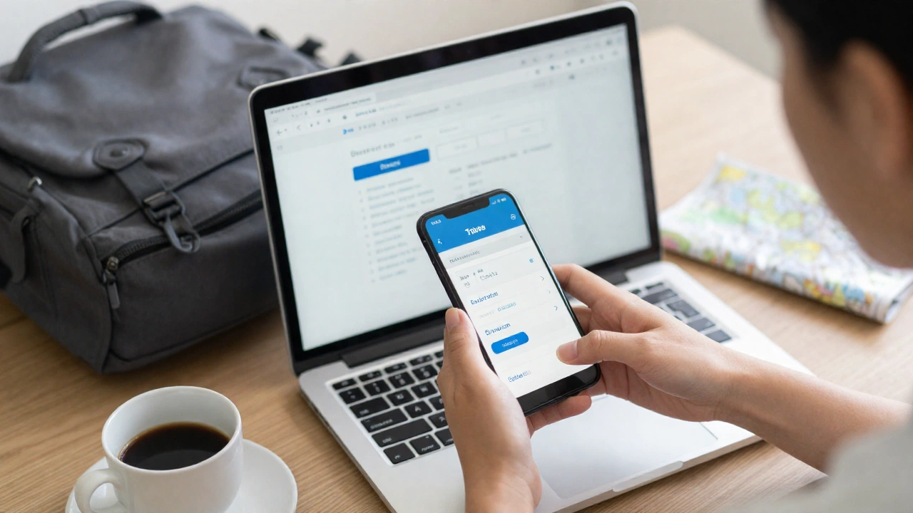 Person booking travel tickets online with smartphone