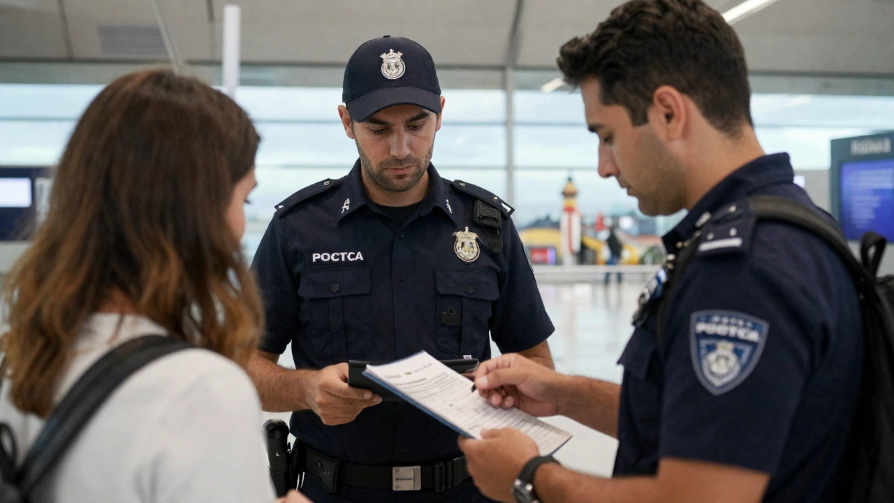 Border control scene at Spain's airport, showing a uniformed border guard inspecting a traveler's documents, capturing the tension and seriousness of entry procedures, with subtle hints of a Spanish cultural backdrop.