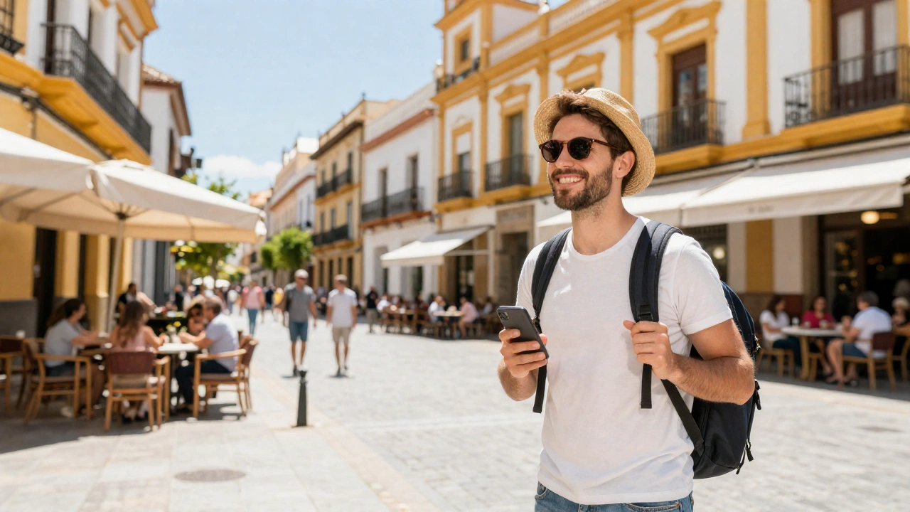 A vibrant Spanish street scene depicting a happy traveler enjoying the lively atmosphere of Spain, with colorful buildings, outdoor cafes, and sunny weather, symbolizing the excitement and promise of a well-prepared trip.