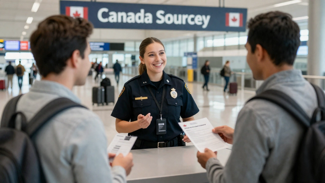 A welcoming Canadian border control area with a friendly Canadian Border Services Agency officer interacting with an arriving traveler, who is showing proof of onward travel; the background features the airport arrivals hall with suitcases and signs of international visitors.