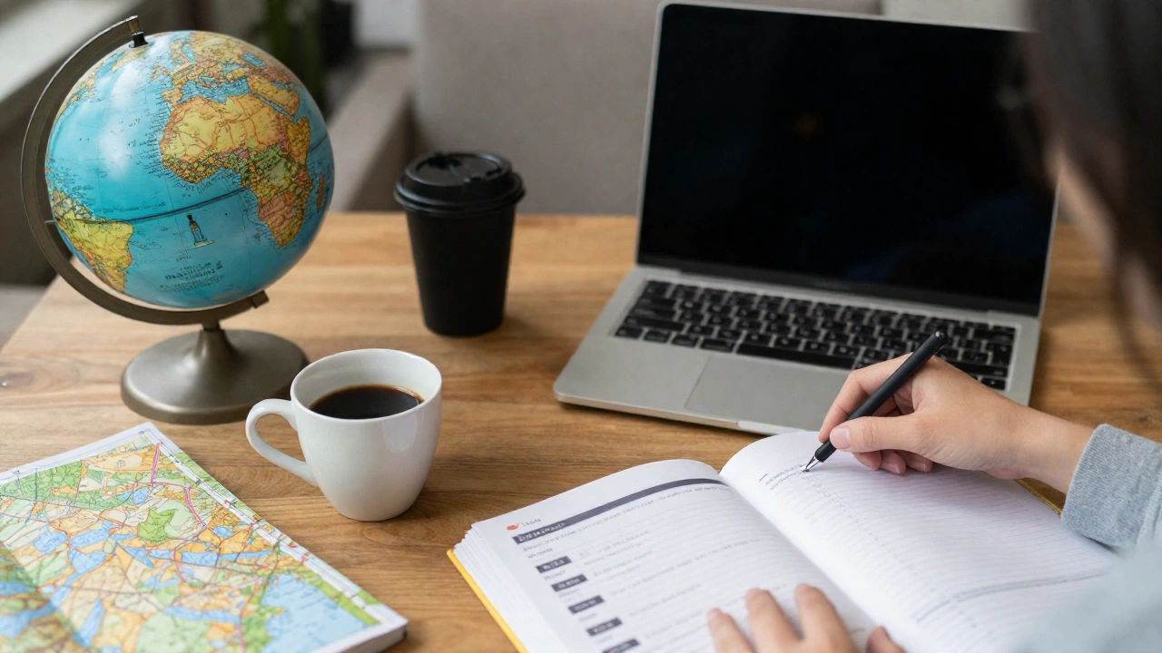 A cozy traveler’s planning setup at home or a café, with a person sitting at a table surrounded by travel essentials like a laptop, a cup of coffee, a globe or map nearby, and an open travel itinerary; the atmosphere conveys thoughtful preparation and excitement for a trip to Canada, possibly including a visual hint of refundable or flexible flight reservations.