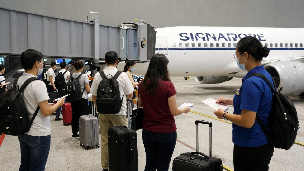 An airplane boarding gate scene at an international airport, showing travelers lining up with their luggage, airline staff verifying boarding passes and tickets, highlighting the moment before boarding a flight to Singapore.