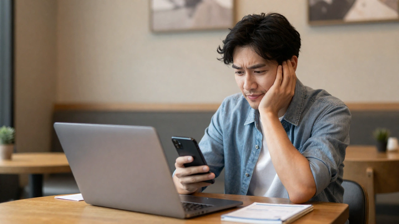 A traveler using a laptop or smartphone in a cozy cafe or home setting, looking relieved and happy after securing an onward or return flight ticket online, with subtle travel-themed decor around to convey preparation and ease.
