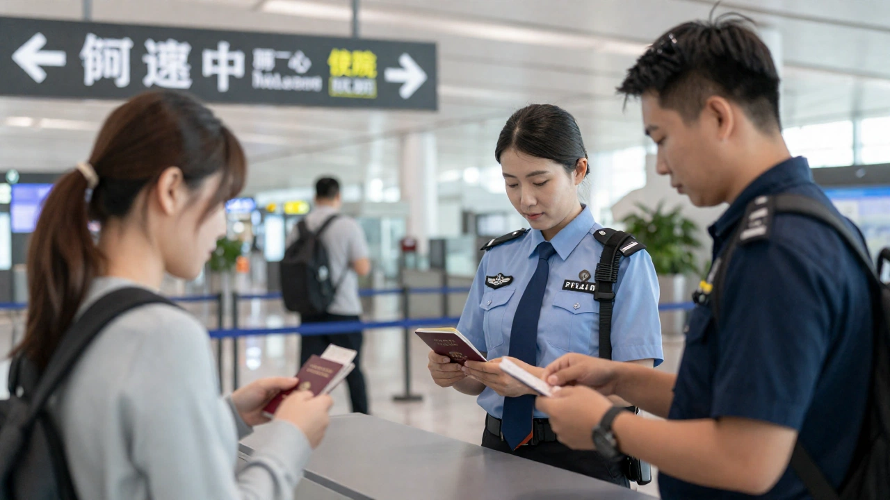 immigration checkpoint inside an airport terminal with officers checking passports and tickets