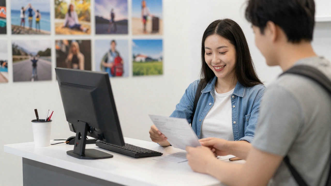 a traveler at a travel agency booking onward ticket and hotel reservations