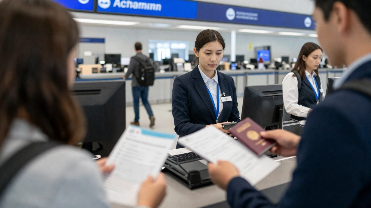 bustling airline check-in counter with travelers showing documents to airline staff, some holding passports and boarding passes