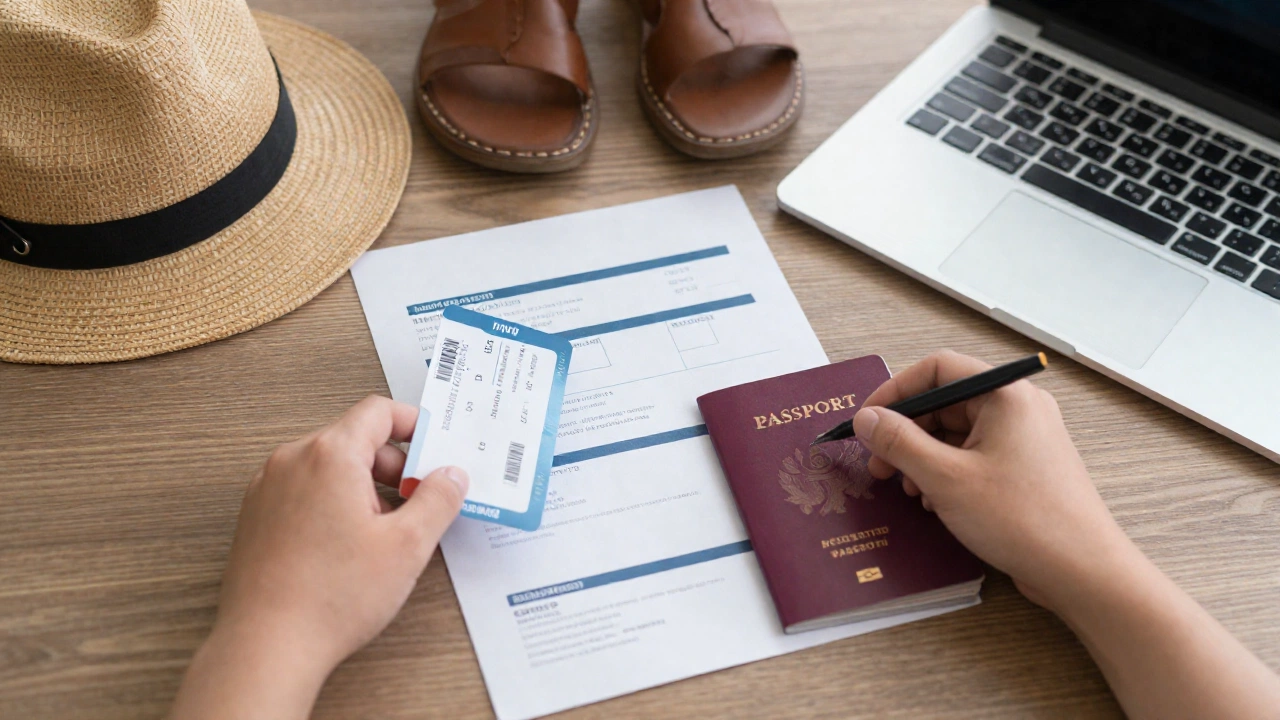 cozy travel preparation scene featuring a traveler at a desk organizing travel documents, including airline tickets, hotel reservations, and a valid passport, surrounded by travel gear and a laptop
