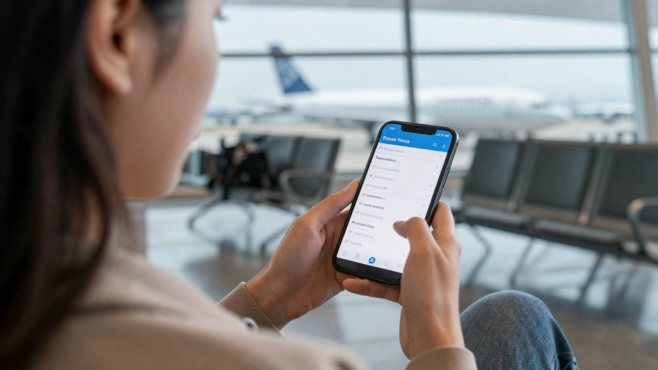 traveler reviewing travel itineraries on a smartphone or tablet at an airport lounge, showing airplanes through windows