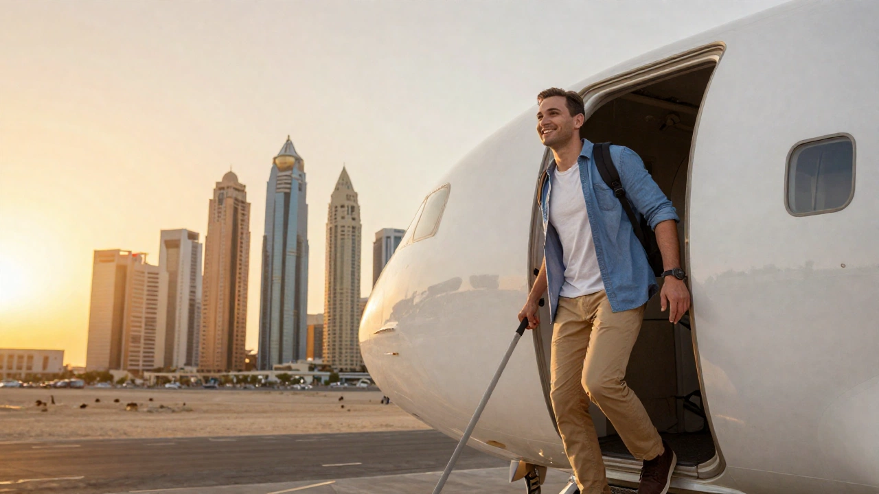 joyful traveler stepping out of an airplane into a vibrant modern Dubai cityscape at sunset