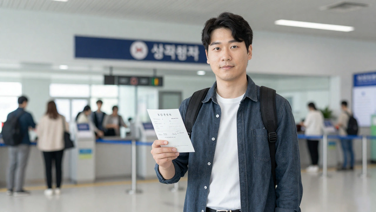 A calm and confident traveler arriving at South Korean immigration, showing travel documents, standing in a modern, well-lit immigration hall with Korean cultural decorations subtly visible in the background.