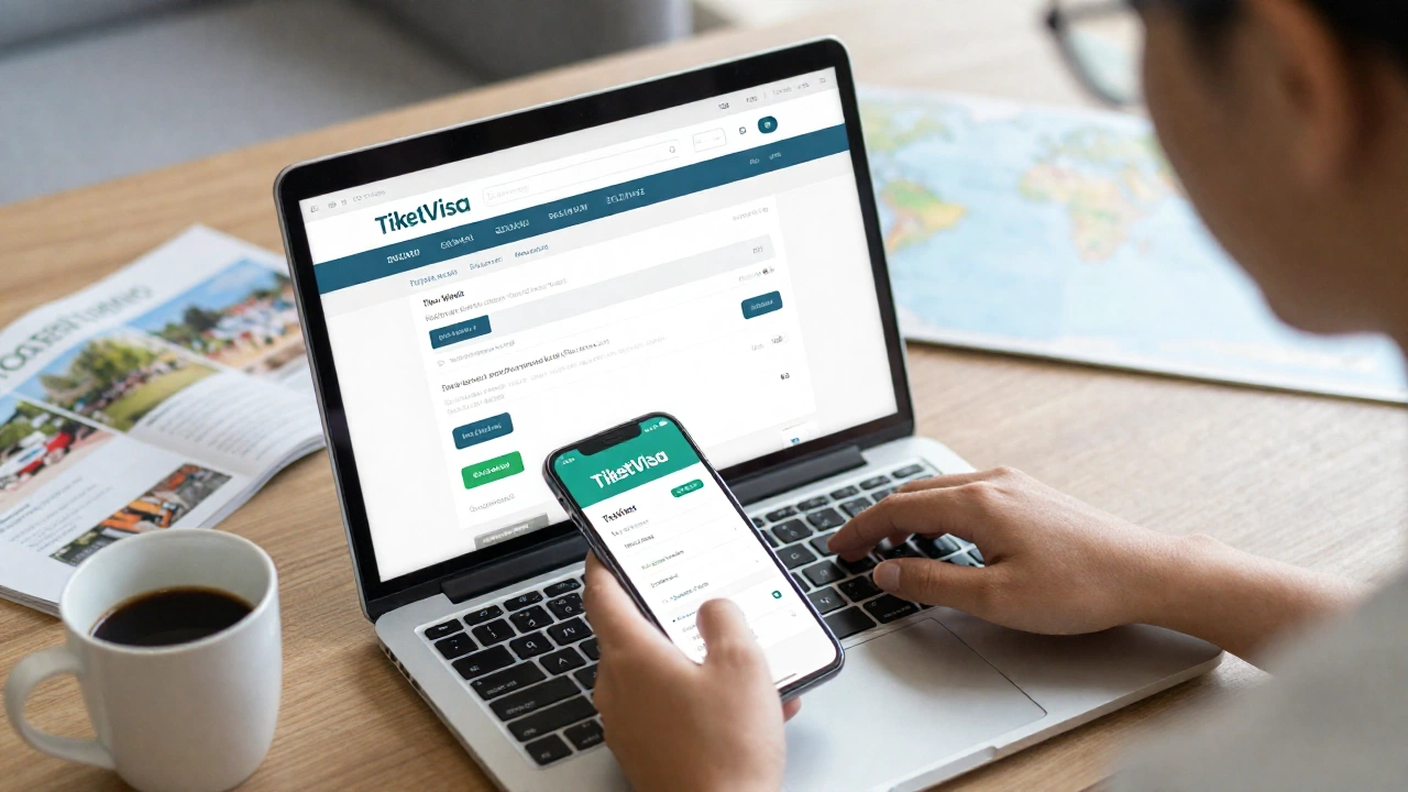 A digital workspace showing a traveler using a laptop or smartphone at a cozy home setting, browsing a flight reservation service like TiketVisa, with a cup of coffee nearby and travel brochures or a world map faintly visible to suggest planning a trip.
