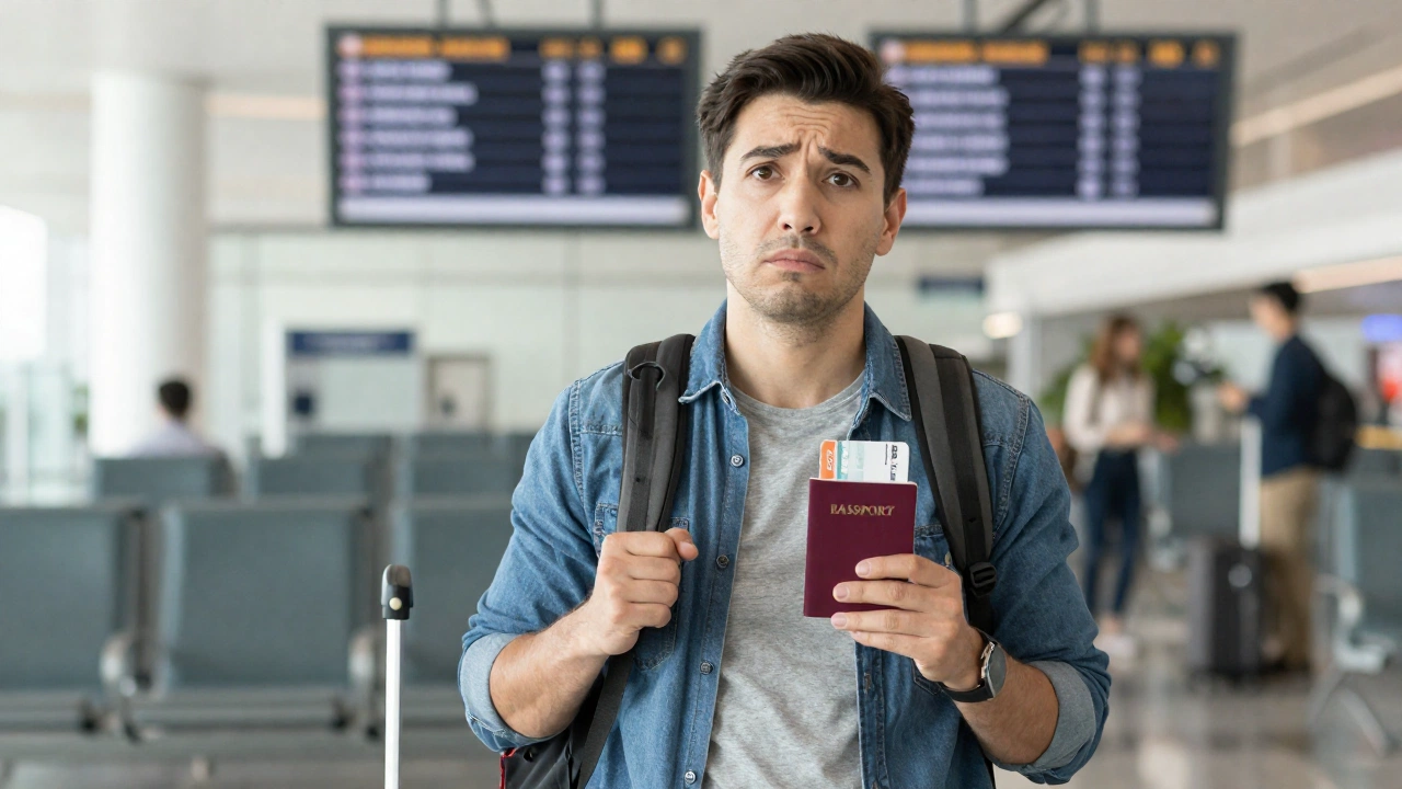 A traveler at an airport holding a passport and boarding pass, looking relieved and prepared, with airport surroundings including seats, flight information display boards and other passengers in the background, evoking a feeling of readiness and confidence