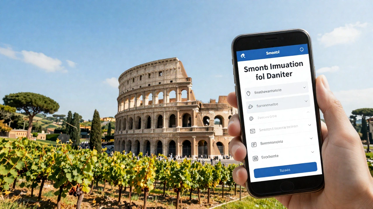 A serene Italian landscape featuring iconic landmarks like the Colosseum or a Tuscan countryside with rolling hills and vineyards under a sunny sky, highlighting the excitement and beauty awaiting travelers after smooth immigration entry