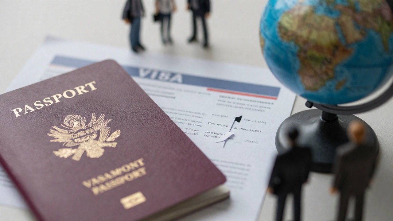 an illustrative scene showing various symbolic reasons for visa refusal: a blurred passport with missing documents scattered around, a globe emphasizing different countries, and abstract shadowy figures representing strict immigration officers.